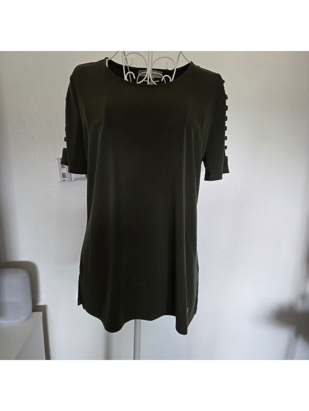 Michael Kors Olive Green Short Sleeve Top with Ladder Sleeve Detail